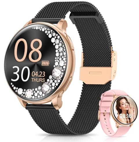 RUXINGX Smartwatch Damen, Kleine Runde Fitnessuhr mit Telefonfunktion 1,27 HD Touchscreen 24h Pulsuhr SpO2 Menstruationszyklus, Schlaf Kalorien Schrittzähler, iOS Android Geschenk, Schwarz Gold