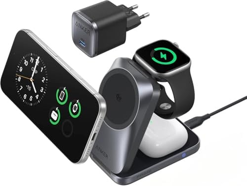 Anker Prime Caricatore Wireless iPhone 3 in 1 Certificato Qi2.2 da 25W | MagSafe compatibile, pieghevole e compatta. Ricarica iPhone 17/16, Apple Watch, AirPods (senza batteria, adattatore incluso)