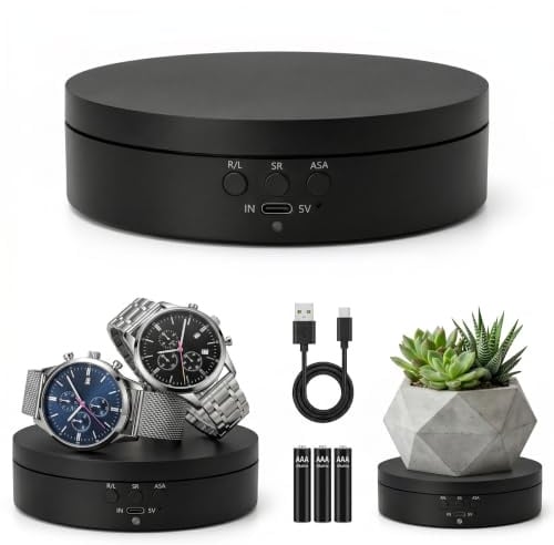 KAIMC Motorisierter Drehteller 3-in-1, 360° Elektrischer Präsentationsständer für Produktfotografie, Livestreaming, Schmuck, Uhren & Sammlerstücke, 3 Geschwindigkeiten, 4 Winkel, USB/Batteriebetrieb