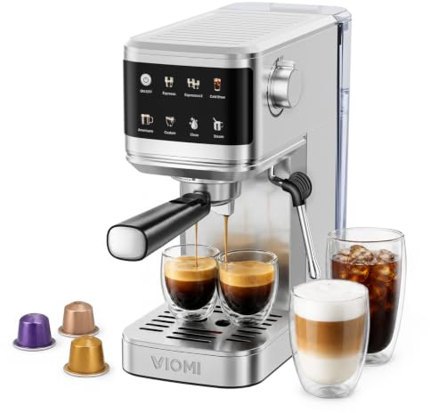 VIOMI T1B Pro 20 Bar Espresso Coffee Machine with Milk Frother, 2-in-1 | Ground & Pods, Cold Brew, Touch Screen, Coffee Maker for Latte & Cappuccino, Self Cleaning, 1.1 L Water Tank, Stainless Steel
