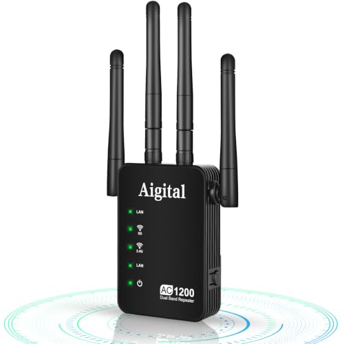 AC1200 WiFi Extender Booster 1200Mbps Dual Band 2.4GHz/5GHz | WiFi Repeater with 4 High Gain Antennas,WiFi Amplifier with LAN Port,Easy Setup WiFi Range Extender for Home,Garden,Office