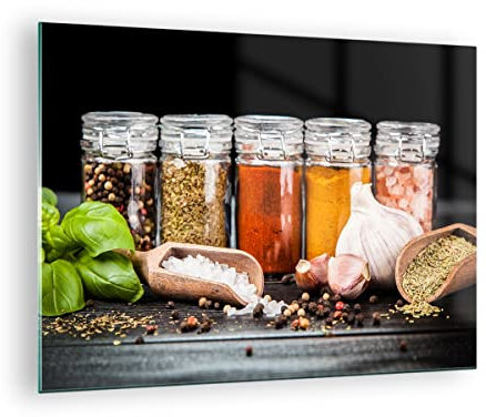 Moderne Impression sur Verre Épices ail bois sel Image Tableau en Verre Decoration Murale 70x50cm Deco Cadre Salon Chambre Cuisine Horizontal Petit Tableaux Decoratifs Muraux Art Wall GAA70x50-2896
