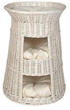 Wicker Three Tier Pet Tower Cat/Dog Bed Basket – White colour – Pillows (Beige pillows)