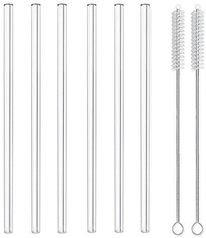MIXIAO Glas Strohhalme 21.5 cm Transparent - 6 Stück gerade - Wiederverwendbare Glas Trinkhalme + 2 Reinigungsbürste gesunde GlasStrohhalme, gesund, umweltschonend, frei von BPA (21.5cm*10mm)
