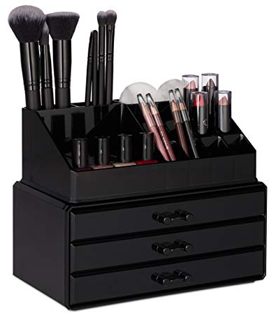 Relaxdays 2x Make-up Organiser, Stationery Storage, with Drawers, Stackable Cosmetic Shelf, 19 x 23.5 x 14 cm, Black