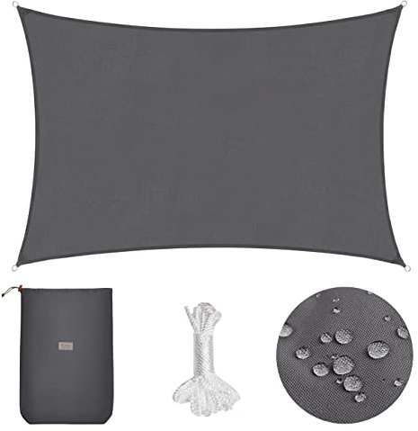 Sekey Sonnensegel Wasserdicht 2x4m Rechteckig PES Polyester, Sonnenschutz 95% UV Schutz Windschutz Reißfest Wetterfest, für Balkon Garten, mit Ösen und Befestigungsseile, Anthrazit