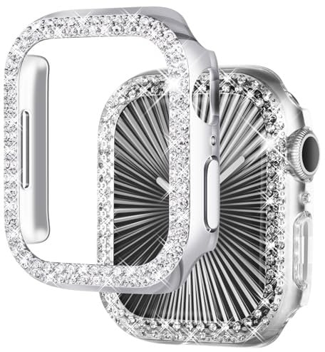 Newways 2-pack Women Bling Screen Protector with Diamond Compatible with Apple Watch Series 3/2/1 38mm,Plastic Bumper Case for iWatch,Overall Protective Cover without Protective Film(Clear+Silver)