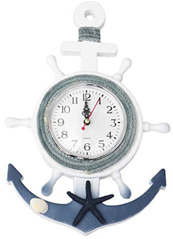 VOSAREA Maritime Holz Anker Wanduhr mit Stern Vintage Rustikale Nautische Meer Wandkunst Ornament Steuerrad Quarzuhr für Kinder Wohnzimmer Schlafzimmer Wandhänger Dekoration
