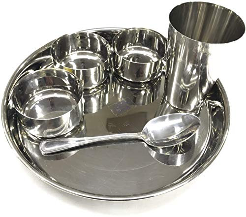Stainless Steel Dinner Set (Set of 6 Pieces) (Glass, Curry Bowl, Desert Bowl, Spoon, Quater Plate and Full Plate),Silver 1 Set - 6 Pcs