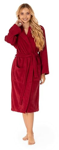 Twinzen Bademantel Damen - 100% Baumwolle (350g/m²) OEKO-TEX® Zertifiziert - Morgenmantel Damen mit Kapuze, 2 Taschen, Gürtel - Burgunderrot - S