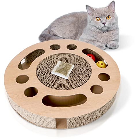 Nobleza Katzen kratzbrett mit Minze,Katzenspielzeug Interaktives mit 2 Klingelballs,3 in 1 Wellpappe Kratzmatte Katze