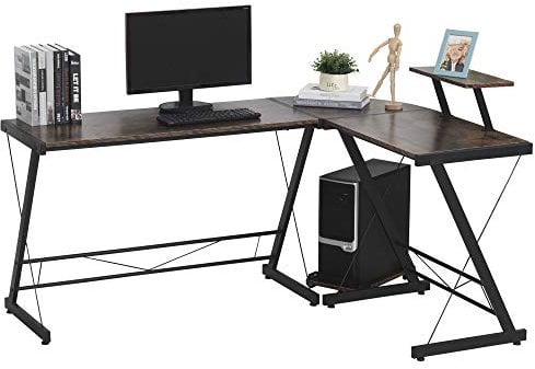 HOMCOM L Shaped Corner Desk, Gaming Desk, Computer Table with Monitor Stand and CPU Stand, Study Workstation for Home Office, 155 x 115 x 91.5cm, Rustic Brown and Black