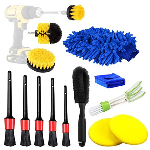 hifrom Lot de Brosse Nettoyage Voiture, 14PCS Brosse pour Laver Brosse Perceuse Brosse de Jantes, Kit Nettoyage Voiture Interieur Exterieur, Lavage Nettoyer Kit pour Voiture Moto