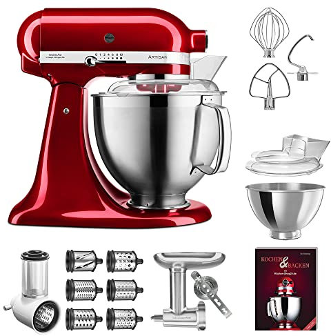 KitchenAid Küchenmaschine - P21 Profi Set Deluxe 185er (NM) - 5KSM185PSECA inkl. Gemüseschneider (5KSMVSA), Zusatztrommeln (5KSMEMVSC), Fleischwolf Metall (5KSMMGA) und Kochbuch (Kochen & Backen)