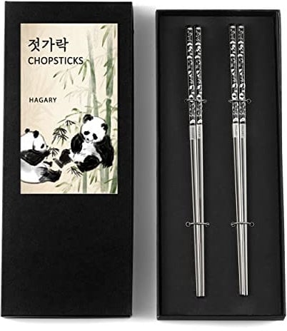 Hagary Panda Black Chopsticks Metal Chopsticks Reusable Designed in Korea Japanese Style Stainless Steel 316 18/10 Non-Slip Dishwasher Safe (Black - 2 Pairs)
