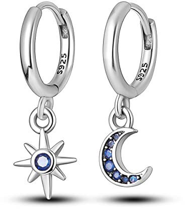 NARMO Dangle Drop Ohrringe 925 Sterling Silber Star&Moon Ohrringe Blau Cubic Zirkonia Hoop Ohrringe für Frauen Mädchen