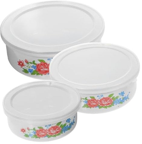 Operitacx 3pcs Enamel Bowls Set Lids Multifunctional Food Storage and Preservation Bowls for Salad Noodles and Cereal Random Floral Design Small Medium and Large