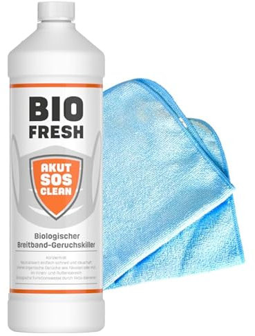 Akut SOS Clean BIO FRESH Biologischer Breitband-Geruchsentferner 1L - Enzymreiniger, beseitigt biologisch alle Arten von organischen Gerüchen wie Tierurin, Fäkalien, Müll + Gratis Mikrofasertuch