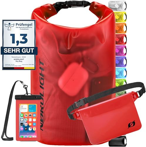 Nordlight wasserdichte Tasche 3er Set (Rot) - Dry Bag 20l + wasserdichte Handyhülle + wasserdichte Hüfttasche | IPX8 Schutz | Mit Verstellbaren Gurten Für Strand, Stand Up Paddling