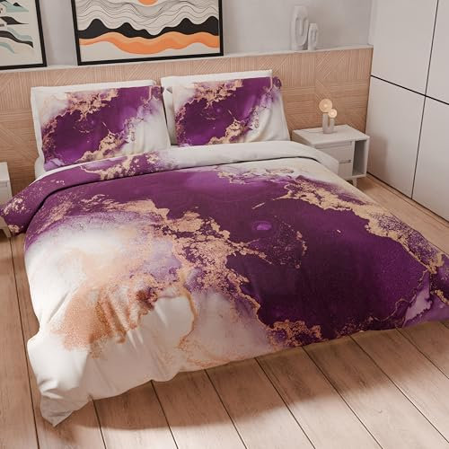 PETTI Artigiani Italiani - Set Copripiumino Singolo 160x200 cm (1 Federa 50x80 cm Inclusa), Parure Copripiumino Morbida Microfibra con Stampa Digitale - Made in Italy - Marble Viola