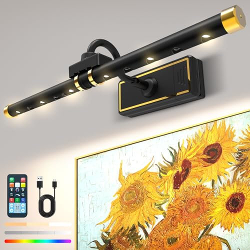 Laliled Luce per quadri senza fili con telecomando, applique a LED a batteria staccabile senza fili con timer dimmer, testa di luce ruotabile da 16 pollici per dipingere ritratti artistici