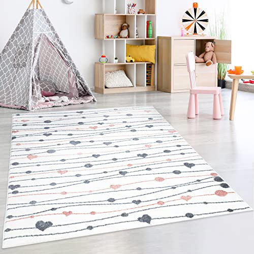 payé Teppich Kinderzimmer - Cream - 140x200cm - Spielteppich Pastellfarben Bunte Herze Punkte Kinderteppich Kurzflor Weich