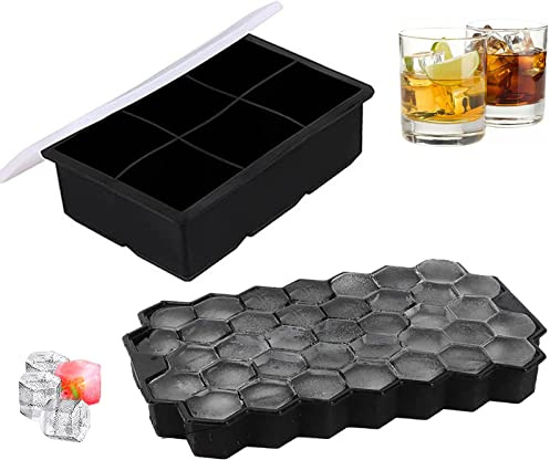 Rifrpha 2 Packs Silicone Ice Cube Tray with Lid, Easy Pop Out, Non Breakable, Reusable,6-Compartment and 37-Compartment Ice Cube Molds for Freezer,Water,Whiskey,Cocktail and Drink(Black)