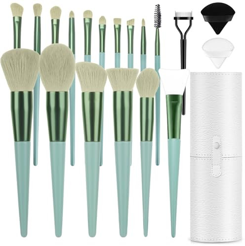 LUXBRU Lot de 17 pinceaux de maquillage avec fond de teint, sourcils, correcteur, blush, fard à paupières, contour des cils, trousse de maquillage avec étui de voyage et 2 houppettes vert