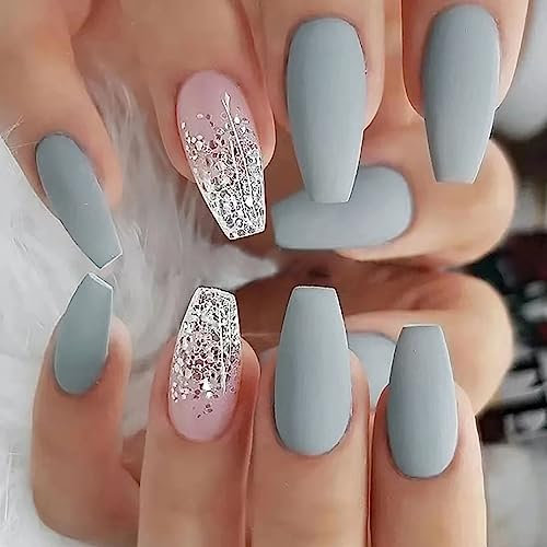 TMUT Lot de 24 faux ongles courts en forme de cercueil à coller sur les ongles - Gris et bleu - À coller - À coller - Pour femmes et filles - Accessoires de nail art