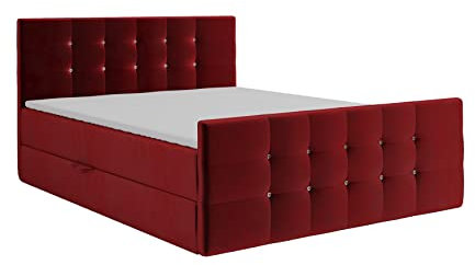 KEF Paris Boxspringbett 180x200 cm - Bett mit Matratze und Topper - Doppelbett mit Bettkasten - Polsterbett mit Kopfstütze - Bonell-Matratze H3 - Rot Tiffany