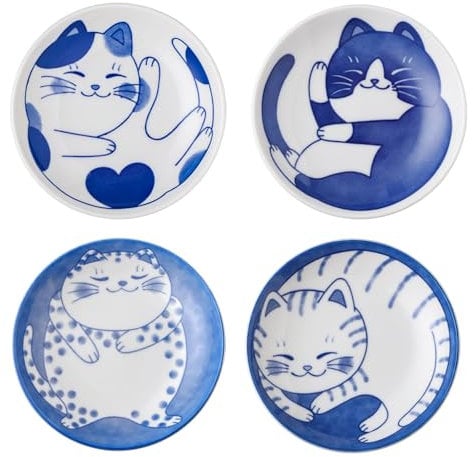 VanEnjoy Kleine süße Keramik Geschirr Sets, Kawaii Katze Teller, Blau Shushi Teller Set Von 4, Japanische Teller, Dessertteller Keramik