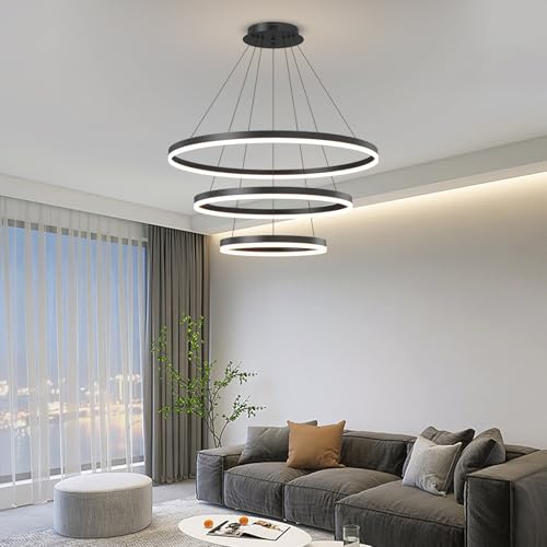 Mikeru Moderne Pendelleuchten Runde Licht, 40cm+60cm+80cm Dimmbare 10% bis 100% Pendelleucht mit Fernbedienung Memory-Funktion LED Pendelleuchte Esstisch 3000K/4500K/6500K für Esszimmer, Wohnzimmer