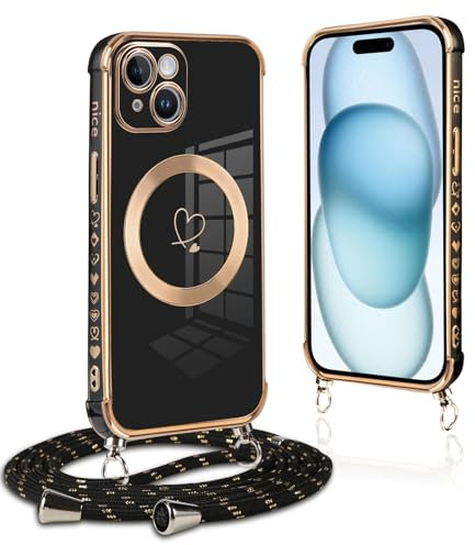 Pnakqil Handykette für iPhone 15 Plus Hülle mit Band, Kompatibel mit MagSafe, Handyhülle Ultra Dünn Silikon Magnetisch mit Herz Love Muster Schutzhülle mit um Umhängen Kordel für iPhone 15Plus,Schwarz
