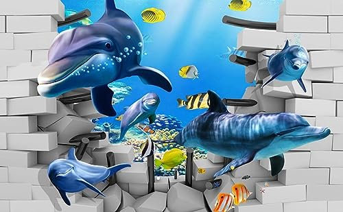 Fototapete Unterwasserwelt-Delphin-Ziegelmauer