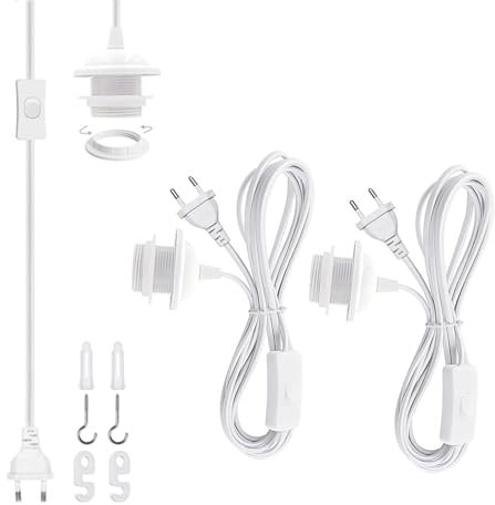 VOMI Lampenfassung E27 mit Kabel und Schalter, 2 Stück Lampenaufhängung Weiß 180 CM Stromkabel Hängelampe Lampenkabel Pendelleuchte Fassung Kit mit DIY Installation Lampenschirms Faden