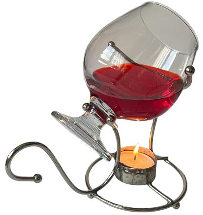 Brandy Warmer Stand Gift Set with Glass Brandy Cognac Snifter Silver Metal with Tea Light Brandy Heater Bar Pubs Restaurant (Brandy Warmer Set-1)