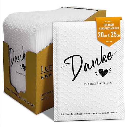 LUFTPOLSTERUMSCHLÄGE 50 Stück Weiße Luftpolstertaschen mit Herz und Aufschrift Danke für Ihre Bestellung 200x250 für Din A5 Luftpolster Versandtaschen für Warensendung