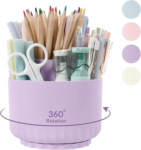 SKYDUE Schreibtisch Organizer, 360 Grad Stiftehalter Drehbar, Stifte Organizer Mit 5 Fächern, Stiftehalter Schreibtisch Für Büro, Schule, Zuhause(Helllila)