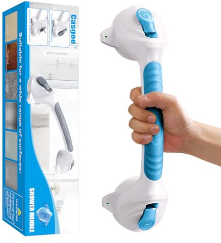Casgee Haltegriff Dusche ohne bohren, 38cm Haltegriffe für Senioren, Haltegriff mit Saugnapf bis 110KG, Badewannengriff mit Saugwarnung, Portable Mobiler Duschgriff, WC Rutschfreier, Blau