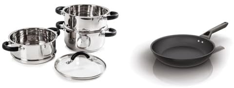 Tower T80836 Essentials Induction Steamer Pans 3 Tier with Glass Lid, Silicone Handles & Ninja ZEROSTICK Classic Cookware 20cm Frying Pan, Non-Stick, Long Lasting Aluminium Frying Pan