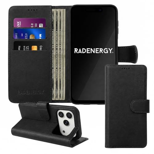 RadEnergy EMF Schutzhülle für iPhone 14, aus echtem Leder, mit Kartenfächern und Standfunktion, Schwarz