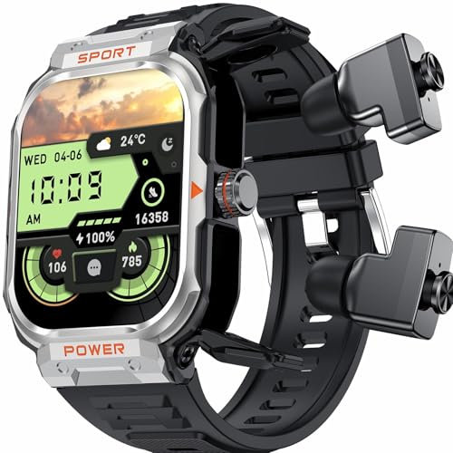 Montre Homme Connectée Militaire Sport avec Ecouteurs Bluetooth sans Fil Appel Clair Intégré Montre TWS Montre Sport Homme Smartwatch Appel IP67 Etanche Montre Intelligente Waterproof Ronde
