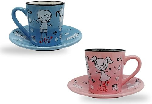 Juego de tazas de café con platillo, Mr. Mrs, dibujos animados, ideas de regalos originales para boda, pareja de novios, compromiso, aniversario, él, ella, Navidad, 80 ml (juego de taza de café,