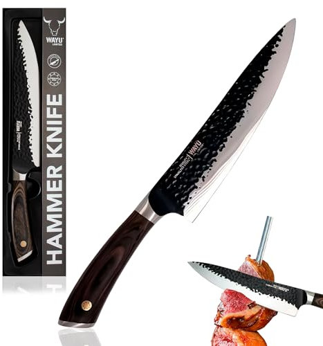 WAYU HAMMER KNIFE Cuchillo Cocina Profesional Grande. Cuchillo Chef Multiuso, súper afilado. Acero Inoxidable Alto Carbono. Antiadherente. Mango Madera. Largo total : 33,6 cm. Largo hoja: 21 cm.