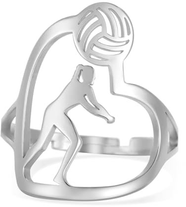 TEAMER Herz Volleyball Spieler Ring Zierlicher verstellbarer Volleyball Ring Edelstahl Mode Sport Ball Schmuck Sportler Trainer Volleyball Liebhaber (Silber)