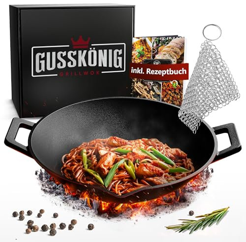 Gusskönig Gusseisen Wok Pfanne - 36 cm robuste Wokpfanne für Gasgrill, Herd, Ofen und Lagerfeuer - Gusseisen Wokpfanne inklusive Edelstahl Ringreiniger & Rezeptbuch