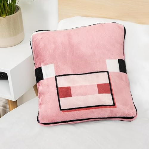 Minecraft 2-in-1-Kissendecke, offizielles Lizenzprodukt, Microsoft-Reisedecke, faltbarer, weicher, flauschiger Überwurf, kompaktes Design für Wohn- oder Schlafzimmer, ideal für Reisen, 120 cm x 150 cm