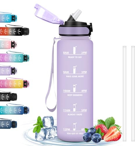 Botella Agua, Botella Agua 1 Litro, Botella Agua Gimnasio con Pajita, a Prueba de Fugas, Botella Agua Motivacional con Marca de Tiempo, Botella de Agua para Senderismo, Yoga, Correr, Ciclismo, Acampar