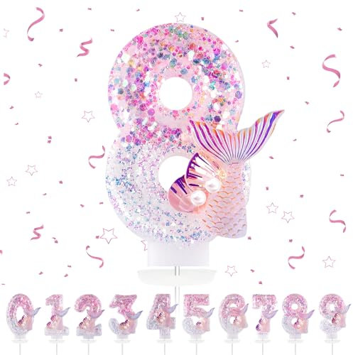 Geburtstagskerzen Zahlen 8,3D Meerjungfrau Geburtstagskerzen,Rosa Geburtstag Kerzen 8, Kuchen Topper Dekoration Kuchendeko Geburtstag, Geburtstagskerzen für Geburtstagsdeko