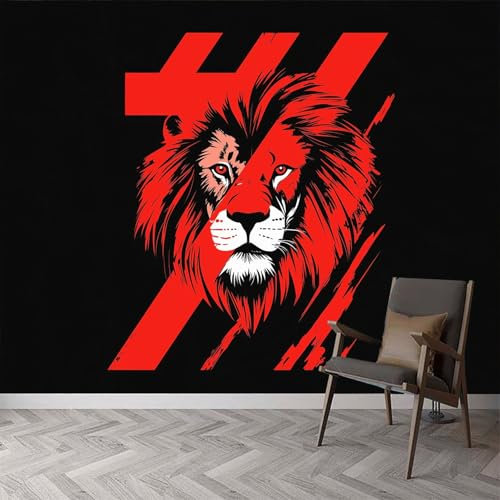 Non-Woven Fleece Majestic Lion Head Black and Red Stripes Photo Wallpaper Wall Mural Kids Aldult Teenager Bedroom Photo Mural Home Poster Decoration 150 x 105 cm